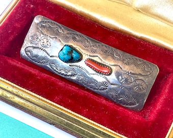 Vintage Navajo Stamped Red Coral and Turquoise Stamped Sterling Silver Barrette