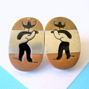 Mid Century Mixed Metal and Enamel Mexican Cowboy Screw Back Earrings