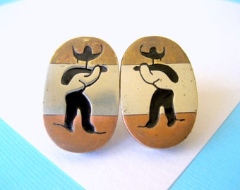 Mid Century Mixed Metal and Enamel Mexican Cowboy Screw Back Earrings