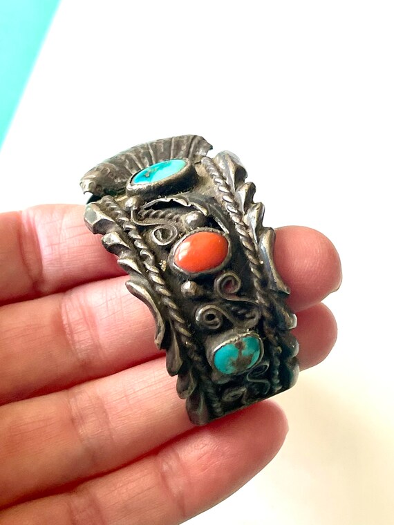 Vintage 1960's Navajo Turquoise and Red Coral Ste… - image 4