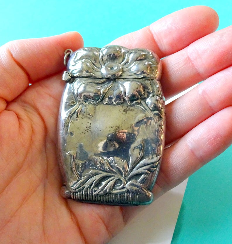 Vintage Sterling Silver Repousse Match Vesta