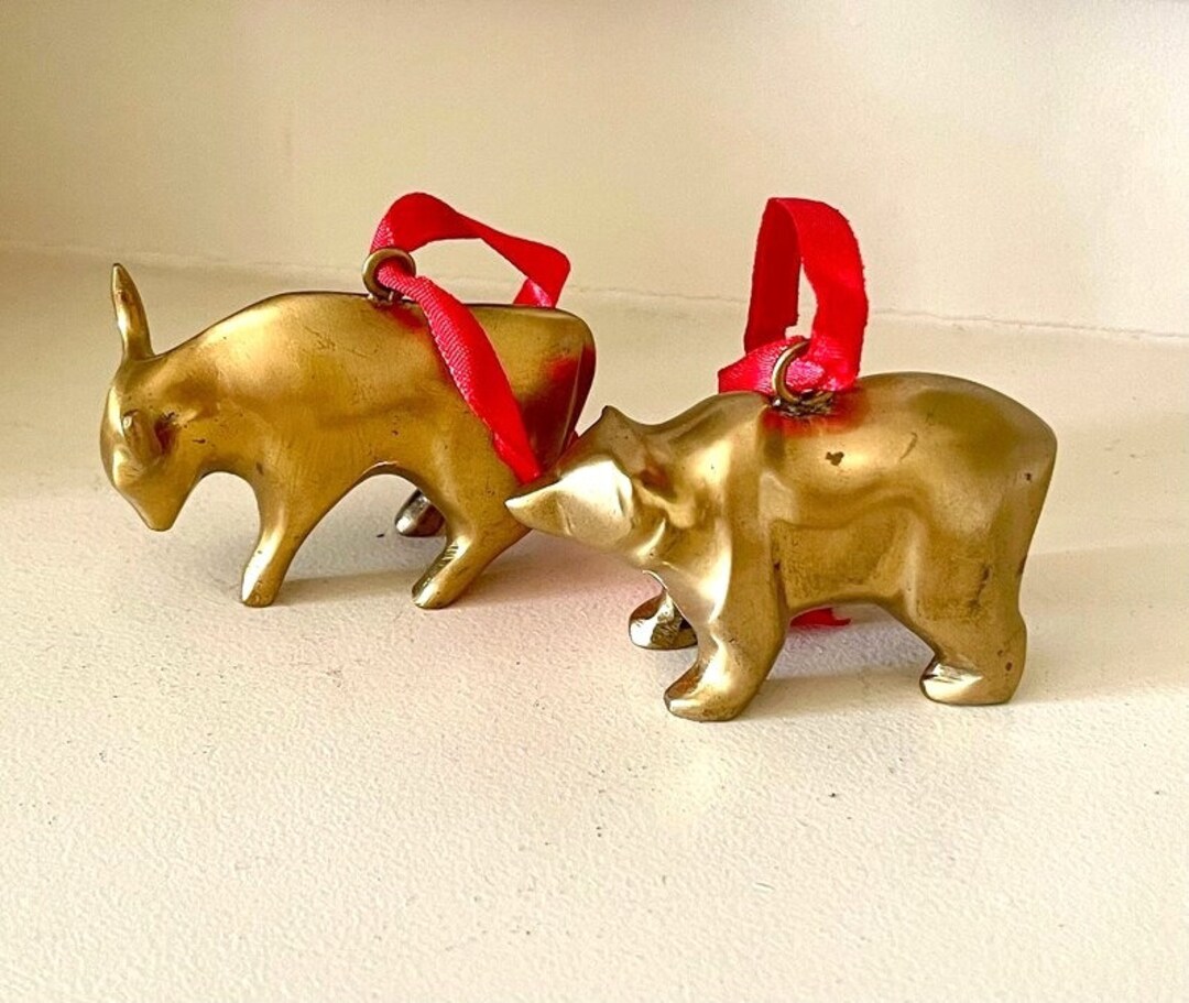 Vintage Solid Brass Restoration Hardware Bull and Bear Ornaments Solid
