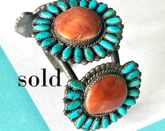 SOLD-Vintage Navajo Spiny Ouster & Turquoise Floral Cluster Cuff