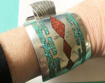 Vintage 1970's  Men's Navajo Turquoise and Red Coral Sterling Silver Inlay Watch Cuff