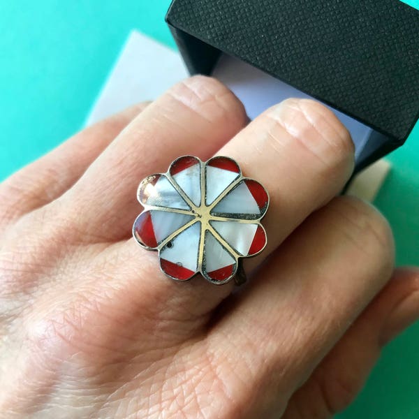 Zuni Red Coral and Mother of Pearl Sterling Silver Inlay Floral  Ring Size 7.25