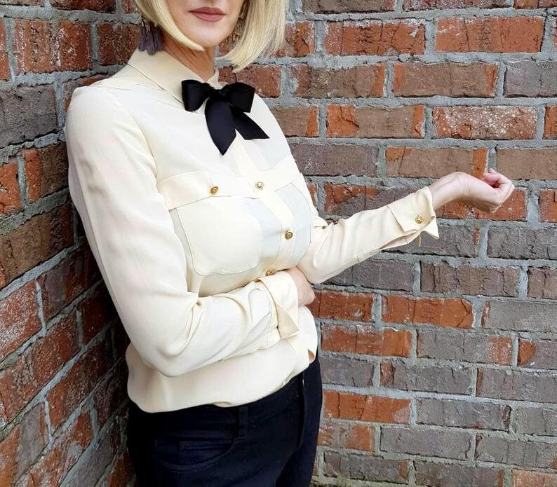 Vintage CHANEL Silk Tuxedo Blouse With Bow and 4-leaf Clover -  Norway