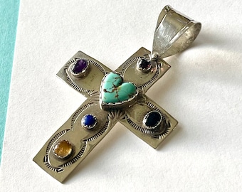 Vintage JOAN SLIFKA Sterling Silver and Gemstone Cross Pendant