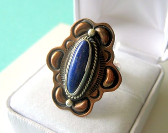 Running Bear Lapis Lazuli Sterling & Copper Navajo Ring Size 6.5