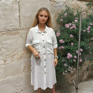Linen Dresses,Cottagecore Dress,Button and Pockets Short Sleeve Linen Dress,Summer Midi Dress,Sun Dress,Made in Italy