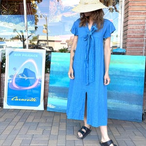 Italian Linen Midi Dress: Blue Bow Tie, Cottagecore Style
