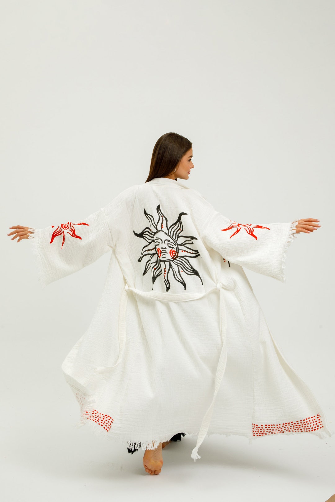 Painted Robe Hand-painted Organic Cotton Kimono Robe & Trouser Set: Boho Beachwear ...