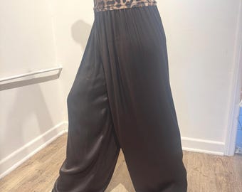 Pantalones palazzo de satén italiano, pantalones fluidos de talle alto (negro, burdeos, verde oliva)