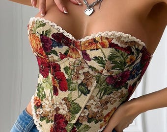 Florales Korsett Top, Vintage inspiriertes Bustier, trägerloses Schnürrücken Korsett, Cottagecore Blumen Top, Boho Sommer Top