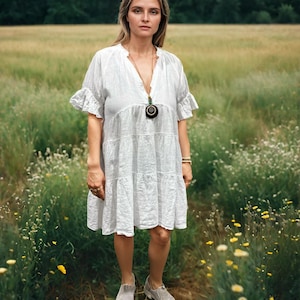 Handmade Italian Linen Midi Dress: Ruffle Sleeve Cottagecore Sundress