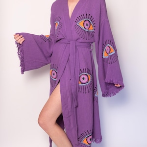 Evil Eye Robe, Evil Eye Bathrobe,Boho Organic Cotton Kimono,Spa Robe,Muslin Robe,Morning Robe,25th Birthday Gift,5th Anniversary Gift