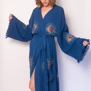 Evil Eye Robe, Cotton Robe,Boho Spa Bathrobe,Organic Cotton Kimono,Muslin Robe,Morning Robe,25th Birthday Gift,1st anniversary gift for wife