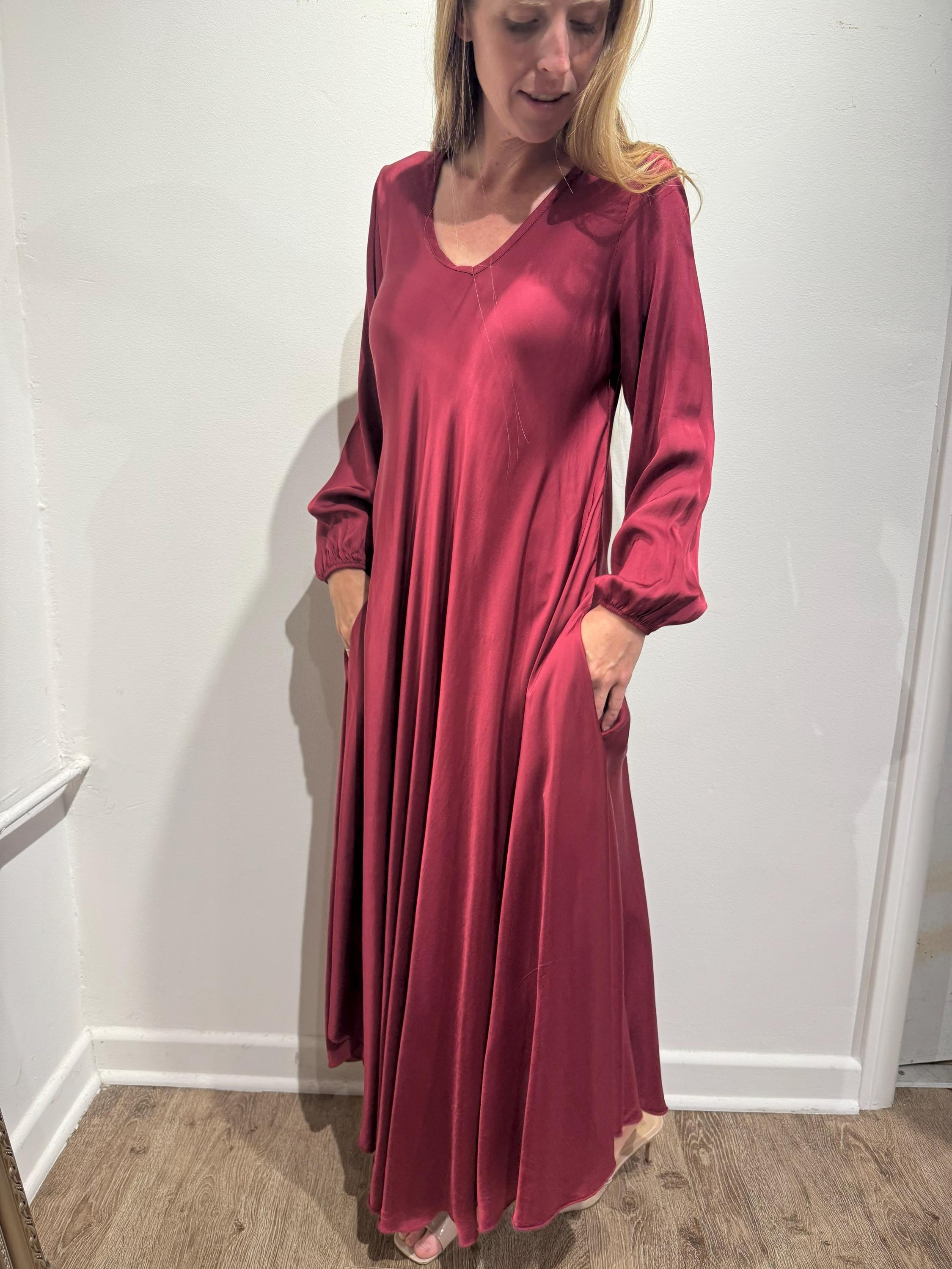 Burgundy Silk Maxi Dress: Long Sleeve Wine Red Gown, Made in Italy