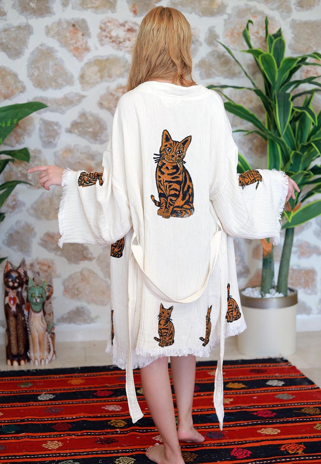 Hand Painted Happy Cat Print Organic Cotton Kimono Robe: Boho Sun ...