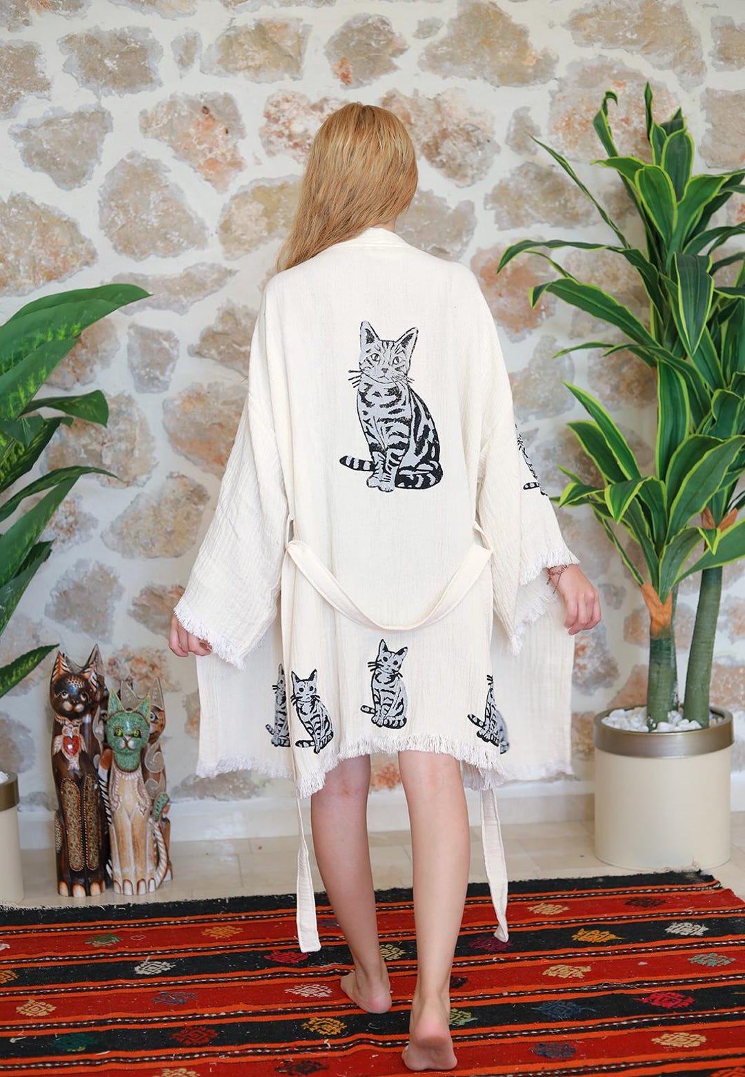 Organic Cotton Cat Print Robe: Boho Muslin Spa Bathrobe - Etsy