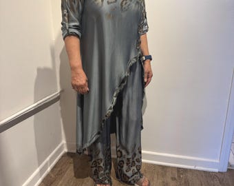 Animal Print Silk Tunic Pants Set | Caftan Asymmetrical Top Palazzo Pants | Italy Resort Wear