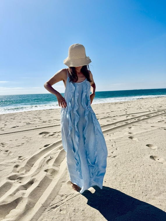 Italian Linen Maxi Dress: Ruffle Wedding Gown, Blue & White Beach Dress - Etsy UK Italian Linen Maxi Dress: Ruffle Wedding Gown, Blue & White Beach Dress - Etsy UK