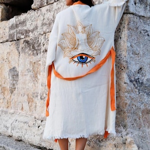 Evil Eye Boho Organic Cotton Robe: Turkish Muslin Kimono
