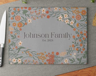 Personalized Glass Cutting Board, Tempered Glass Charcuterie, Groovy Boho Floral Design