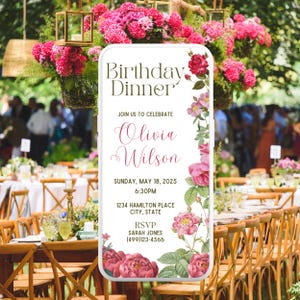 Digitale uitnodiging voor verjaardagsdiner, elegante bloemen, digitale uitnodiging voor feest, bewerkbare sjabloon, tekst Evite, verjaardagsfeestje