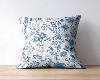 Cuscino decorativo in tela blu: fodera per cuscino floreale French Cottagecore