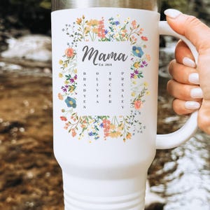 Custom Floral Mama Travel Mug: Personalized Kids Names, Stainless Steel