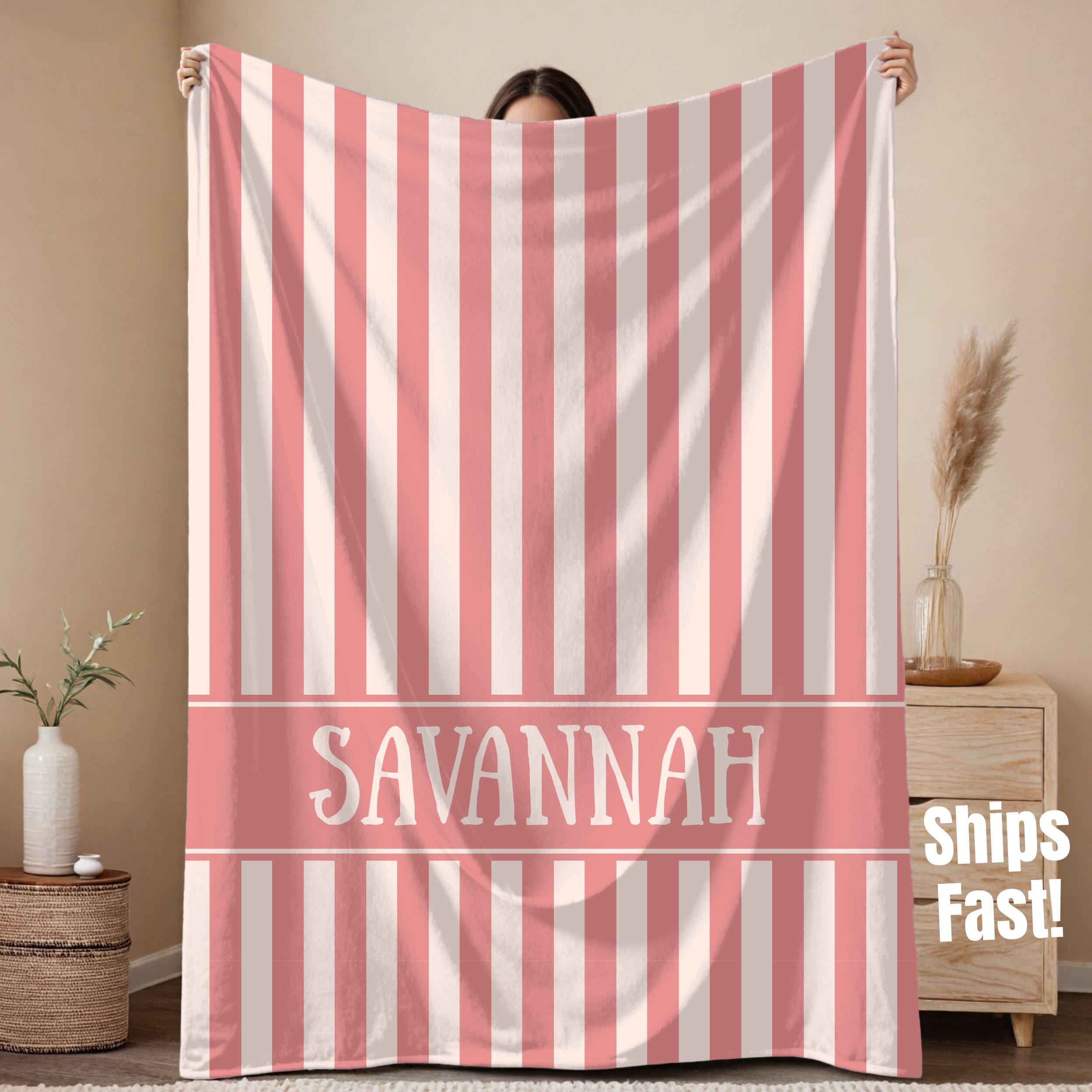 Personalized Name Blanket for Kids, Children's Striped Custom Sherpa Throw, Cozy Soft Trendy Pink Stripe Bedding, Home Decor