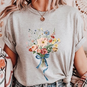 Floral Bouquet T-Shirt with Coquette Bow: Soft Cotton Tee