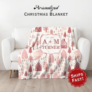 Personalized Christmas Village Plush Blanket: Holiday Throw, Last Name