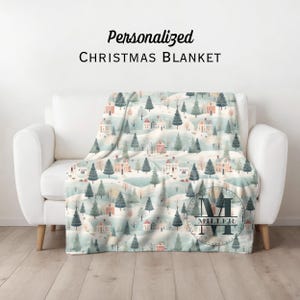 Velveteen Plush Blanket, Personalized Christmas Village Family Monogram Custom Name Holiday Housewarming Closing Gift, Cozy Winter Decor