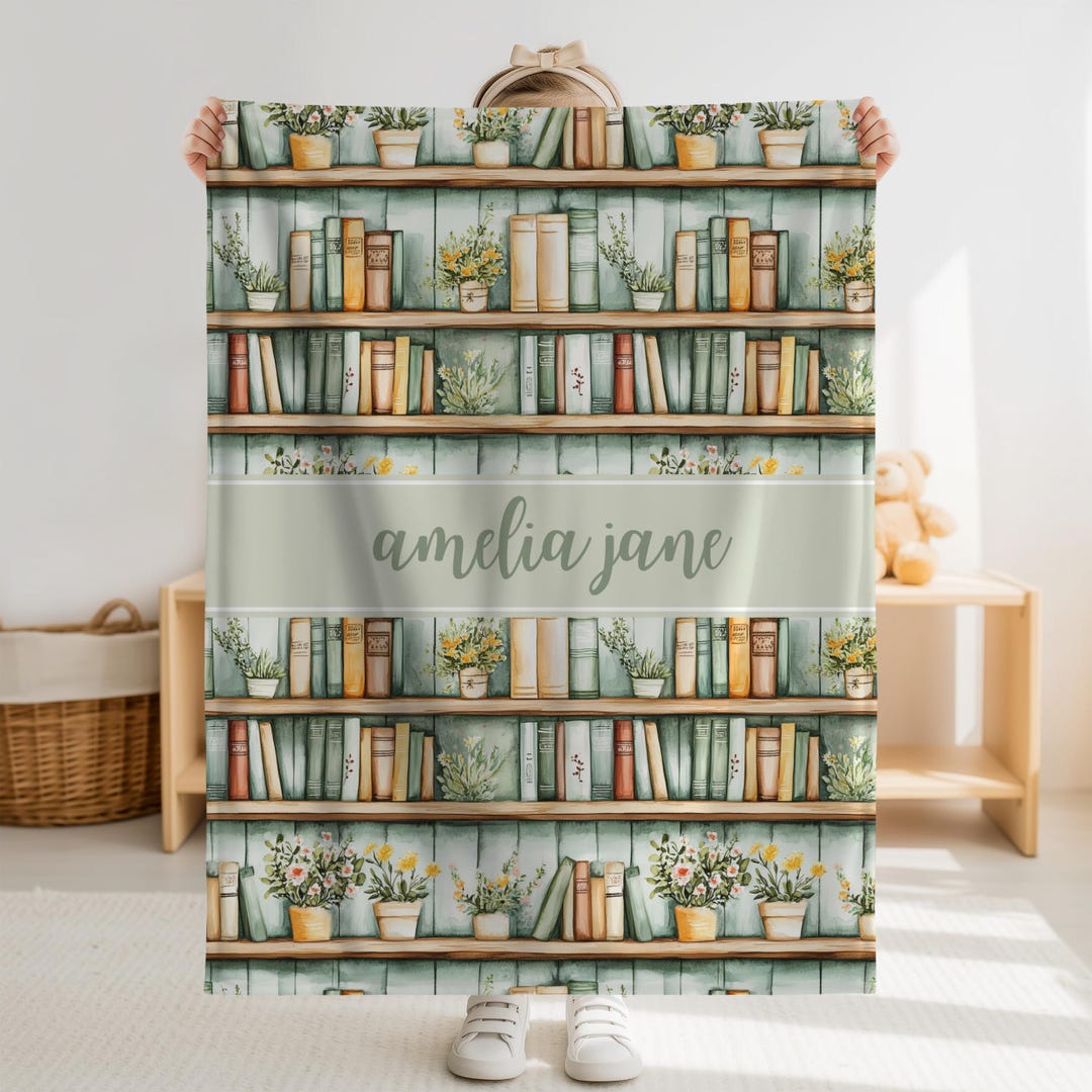 Personalized Bookcase Name Blanket | Bookshelves and Floral Throw, Gift ...