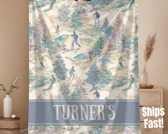 Personalized Family Ski Blanket Fleece Sherpa Blanket | Custom Name Mountain Lodge Throw
