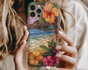 Estuche para teléfono con tarjetero y diseño floral hawaiano de vitrales
