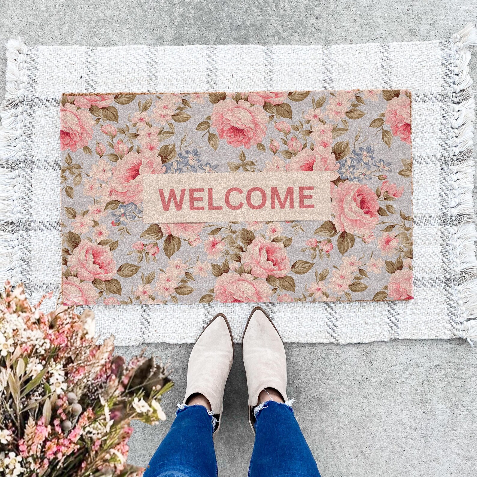 English Cottage Doormat Rose Garden Welcome Rug for Housewarming Gift ...