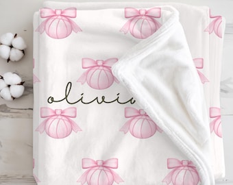 Personalized Basketball with Coquette Bow Velveteen Microfiber Blanket | Custom Name Sports Throw