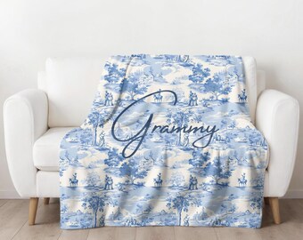 Coperta in velluto blu francese con stampa toile de Jouy: plaid in stile cottagecore