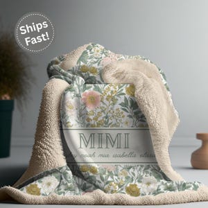 Personalized Floral Sherpa Fleece Blanket for Grandma or Mom, Kids Names, English Cottage Aesthetic, Custom Cozy Throw, Gift for Her, Family