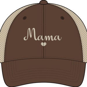 May include: A brown baseball cap with the word "Mama" in a cursive font and a small heart graphic. The sides of the cap are a light tan mesh with small white polka dots. The cap has a curved brim and a button on top.