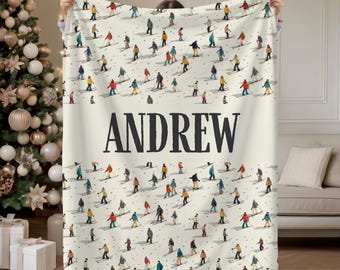 Sherpa Fleece Blanket - Personalized Skier Throw, Custom Name Ski Lodge Decor, Winter Cabin Home Decor, Cozy Skiing Gift, Housewarming Gift