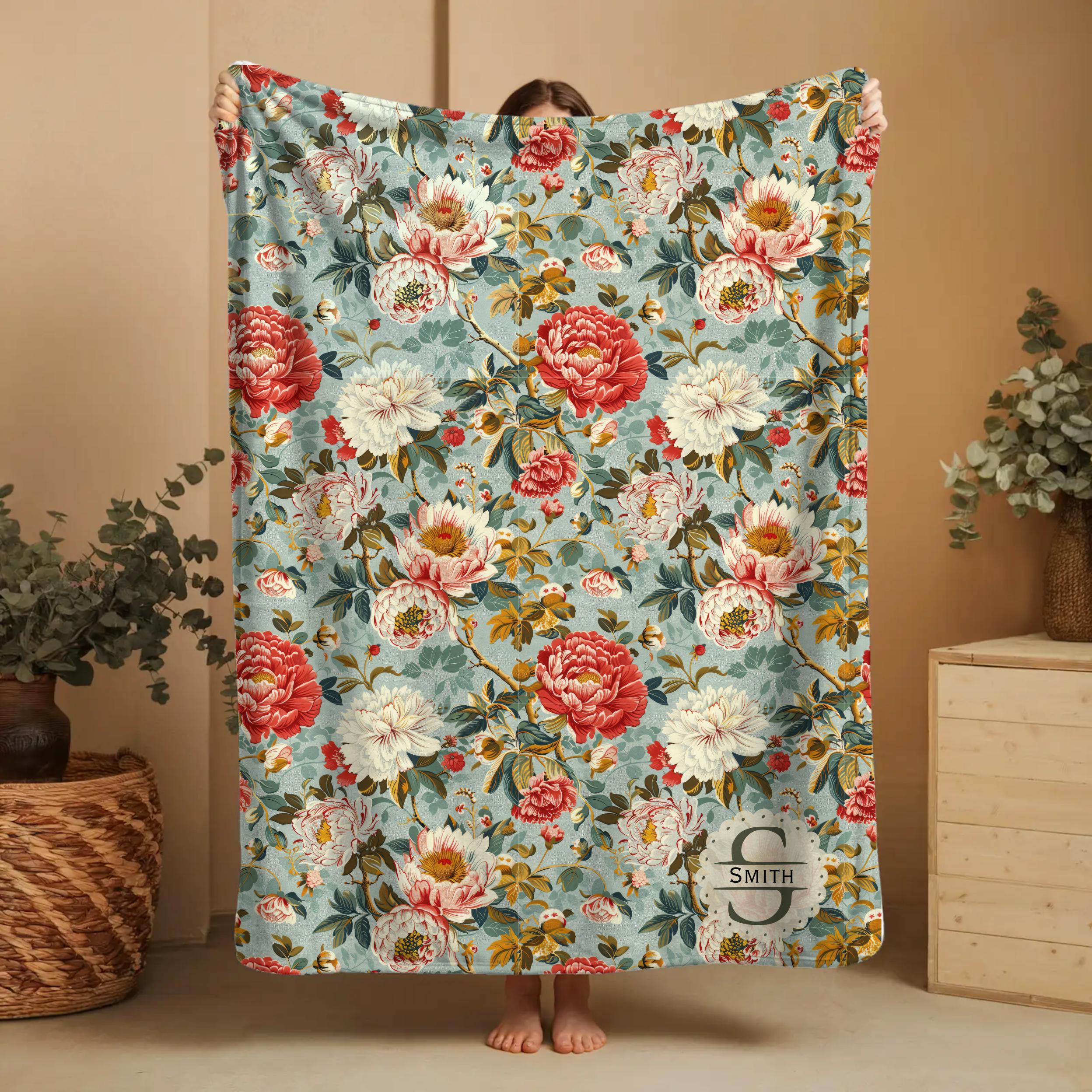 English Chintz Velveteen Blanket: Personalized Floral Throw, Cozy