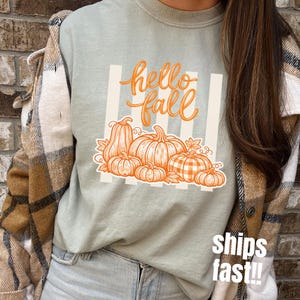 May include: A sage green t-shirt featuring a graphic of orange pumpkins and the text hello fall in cursive script. The design includes vertical white stripes behind the pumpkins, which are depicted in various shapes and sizes.