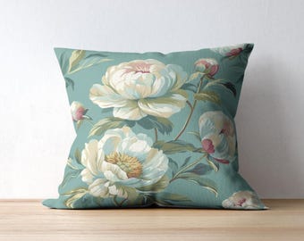 Vintage Peony Floral Pillow: Teal Cottagecore Home Decor