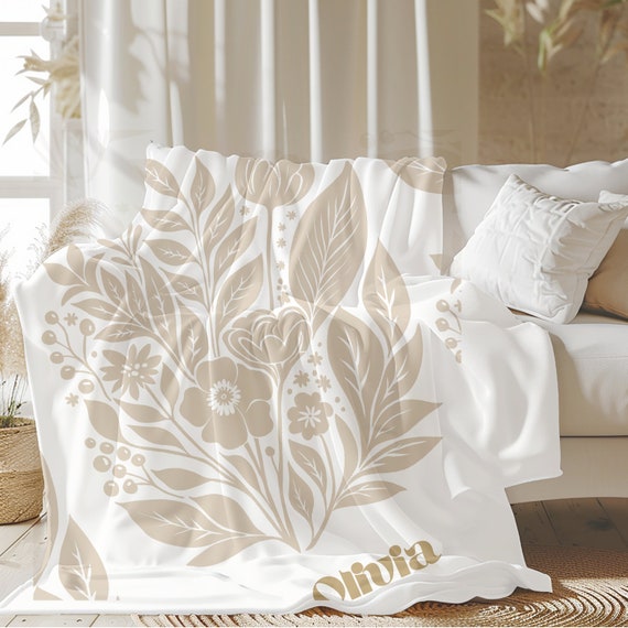 Personalized Floral Velveteen Blanket: Boho French Flower Throw