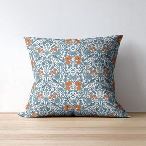 William Morris Floral Pillow: Blue & Orange Cottagecore Throw Cushion