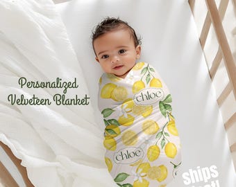 Coperta in velluto personalizzata con limoni e fiori - Regalo personalizzato per bambini/neonati, morbida coperta, decorazione per la cameretta, biancheria da letto accogliente, motivo limoni