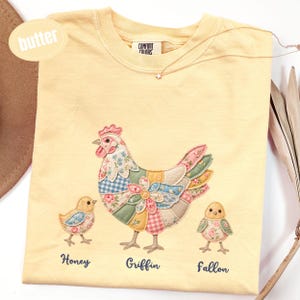 T-shirt « Poule et poussins » en patchwork (effet artificiel) | T-shirt animaux de la ferme, style champêtre printanier, personnalisé